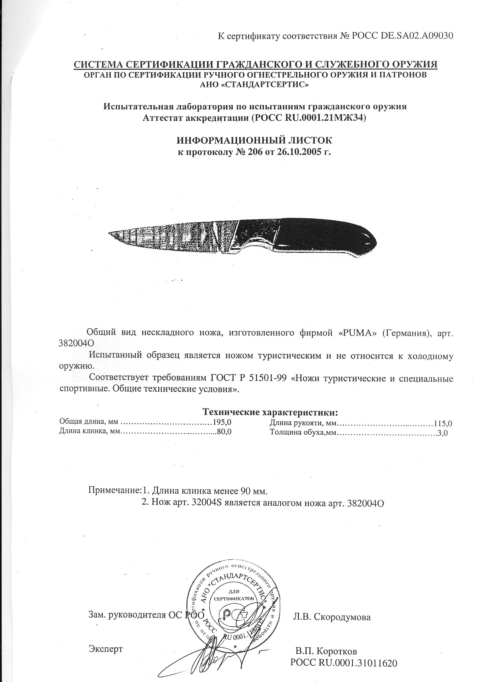 Нож нескладной Puma 3820040 (32004S) — скан документа