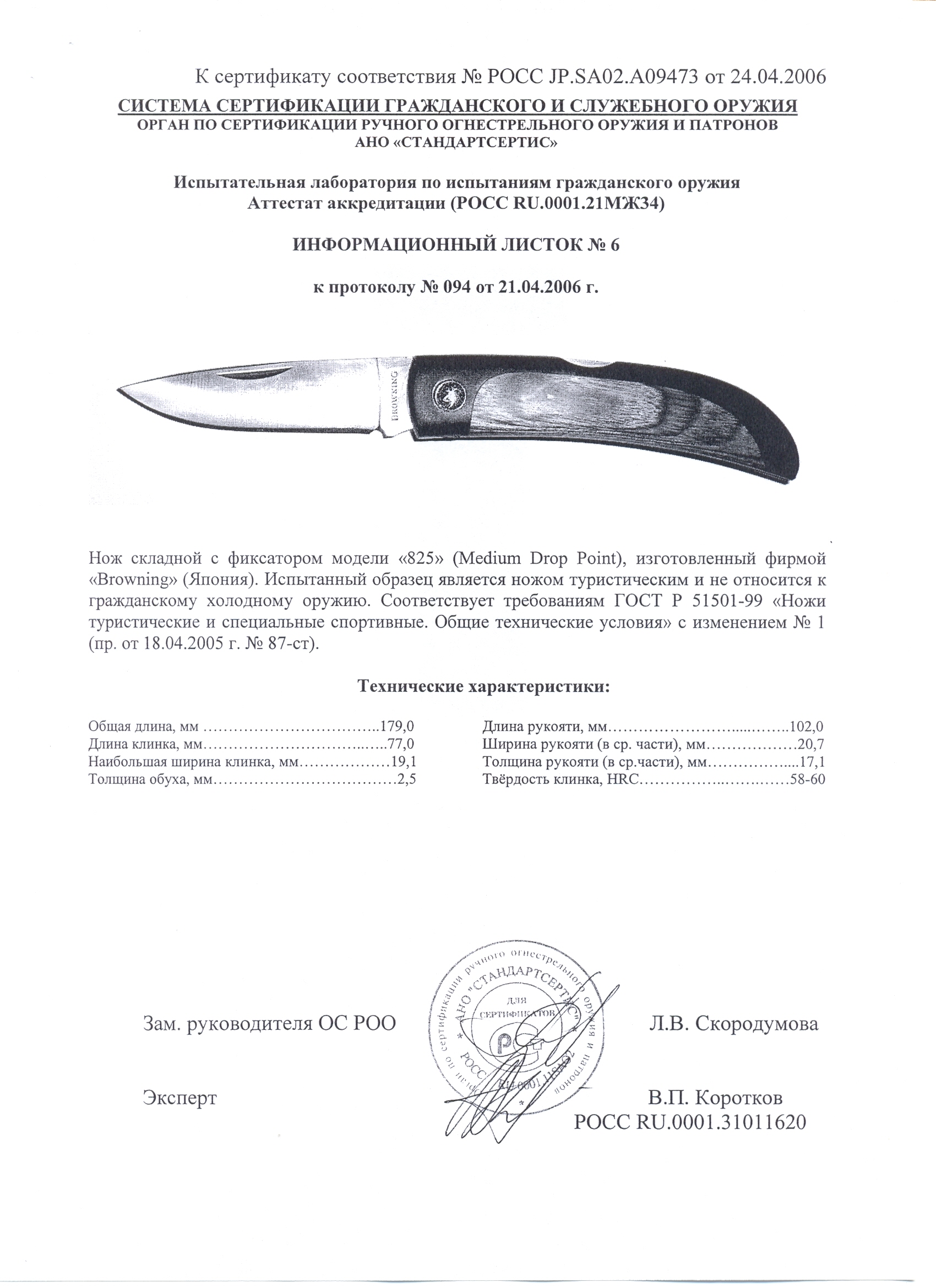 Нож складной с фиксатором Browning 825 — скан документа