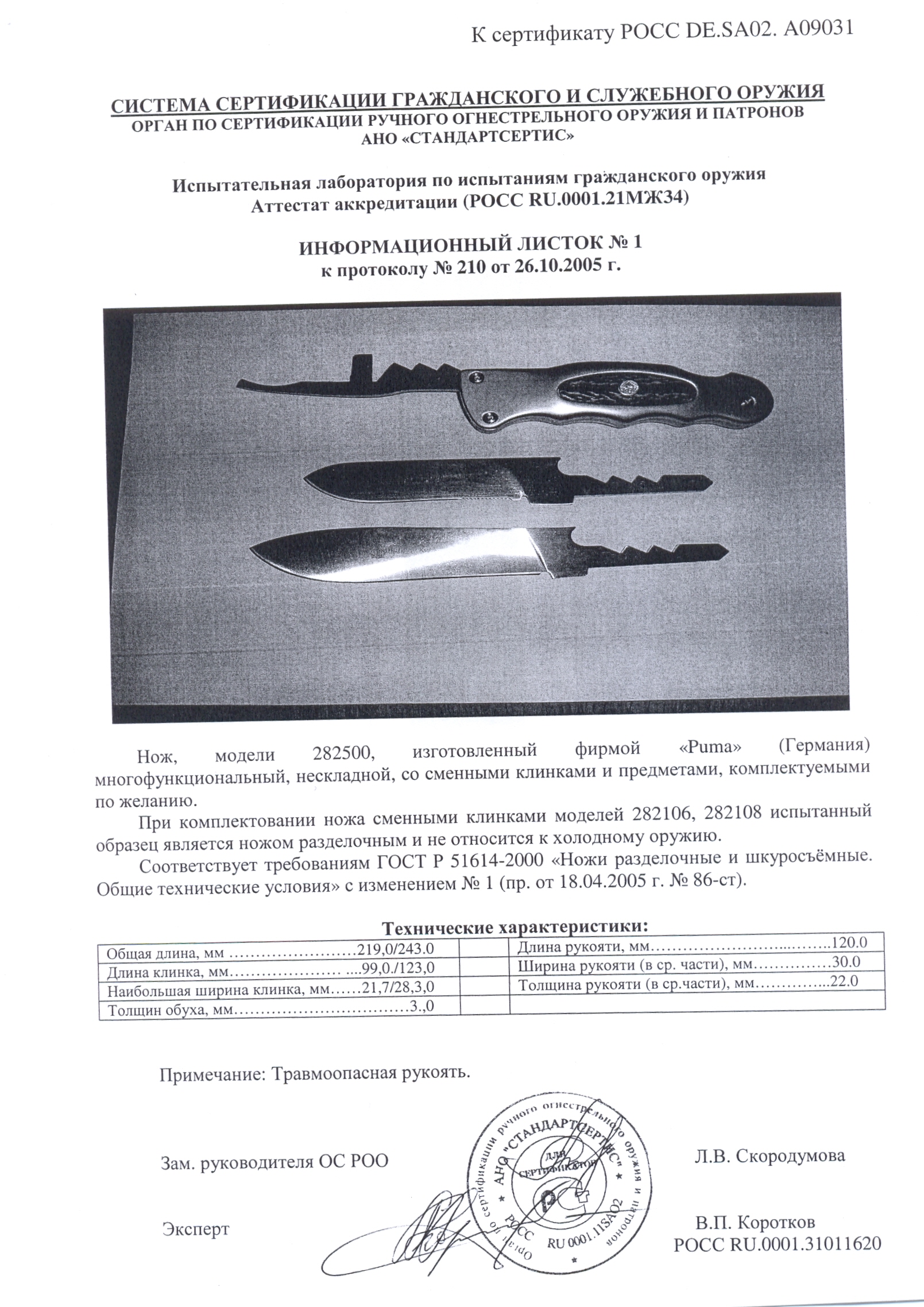 Нож со сменными клинками Puma 282500, 282106, 282108 — скан документа