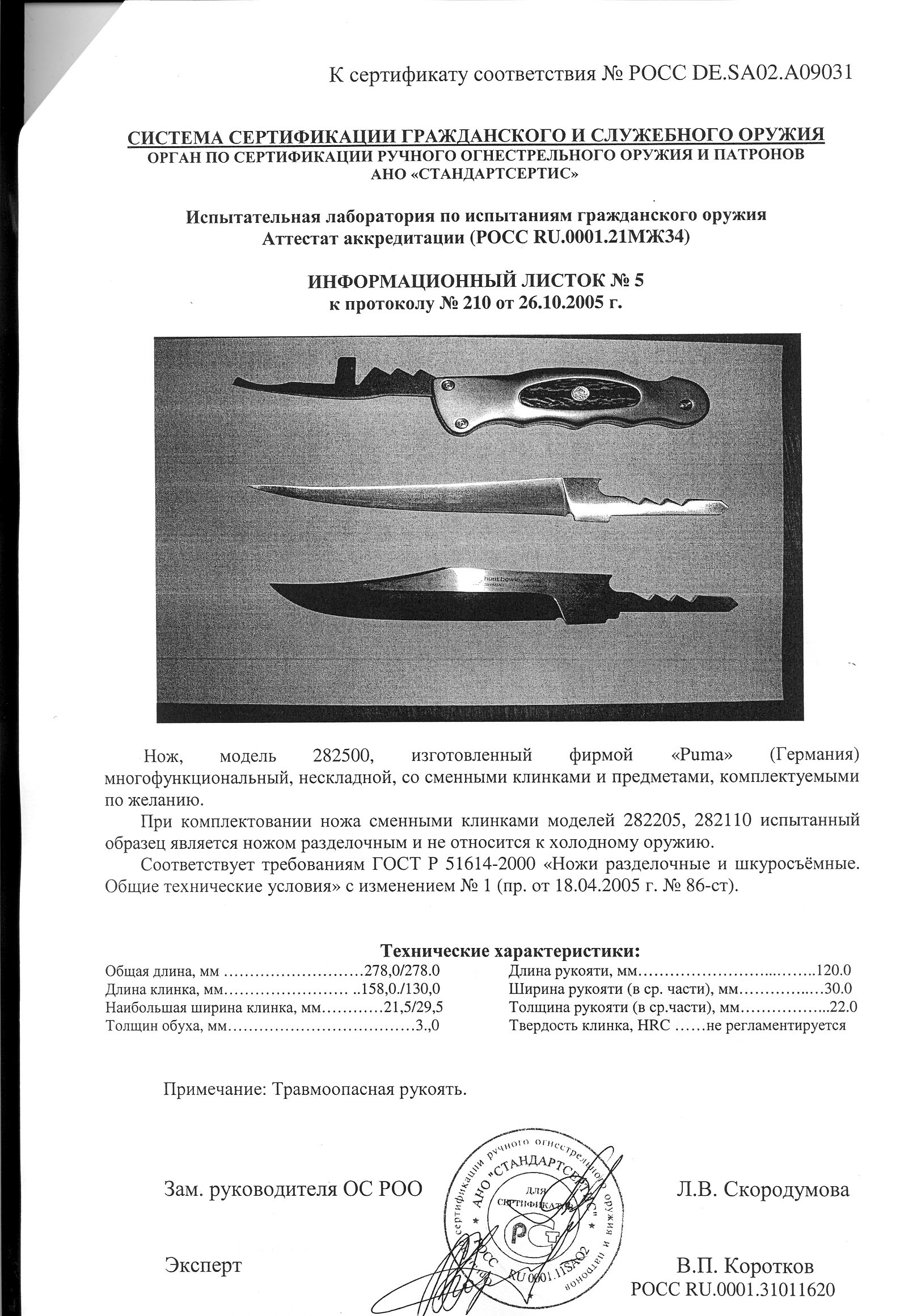 Нож со сменными клинками Puma 282500, 282205, 282110 — скан документа