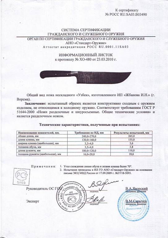 Нож нескладной Мастерской Жбанова «Узбек» — скан документа