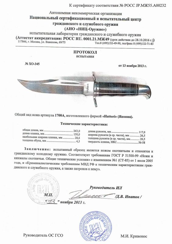 Нож нескладной Hattori «1700A» — скан документа