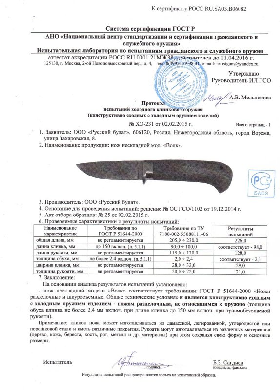 Нож нескладной Русский булат «Волк» — скан документа