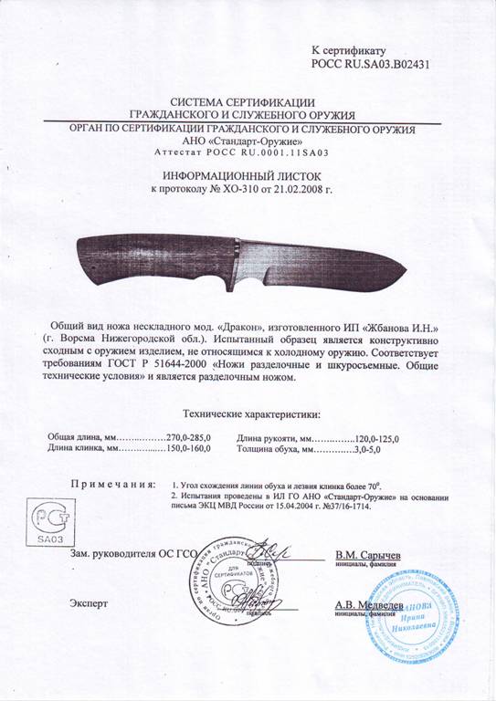 Нож нескладной Мастерской Жбанова «Дракон» — скан документа