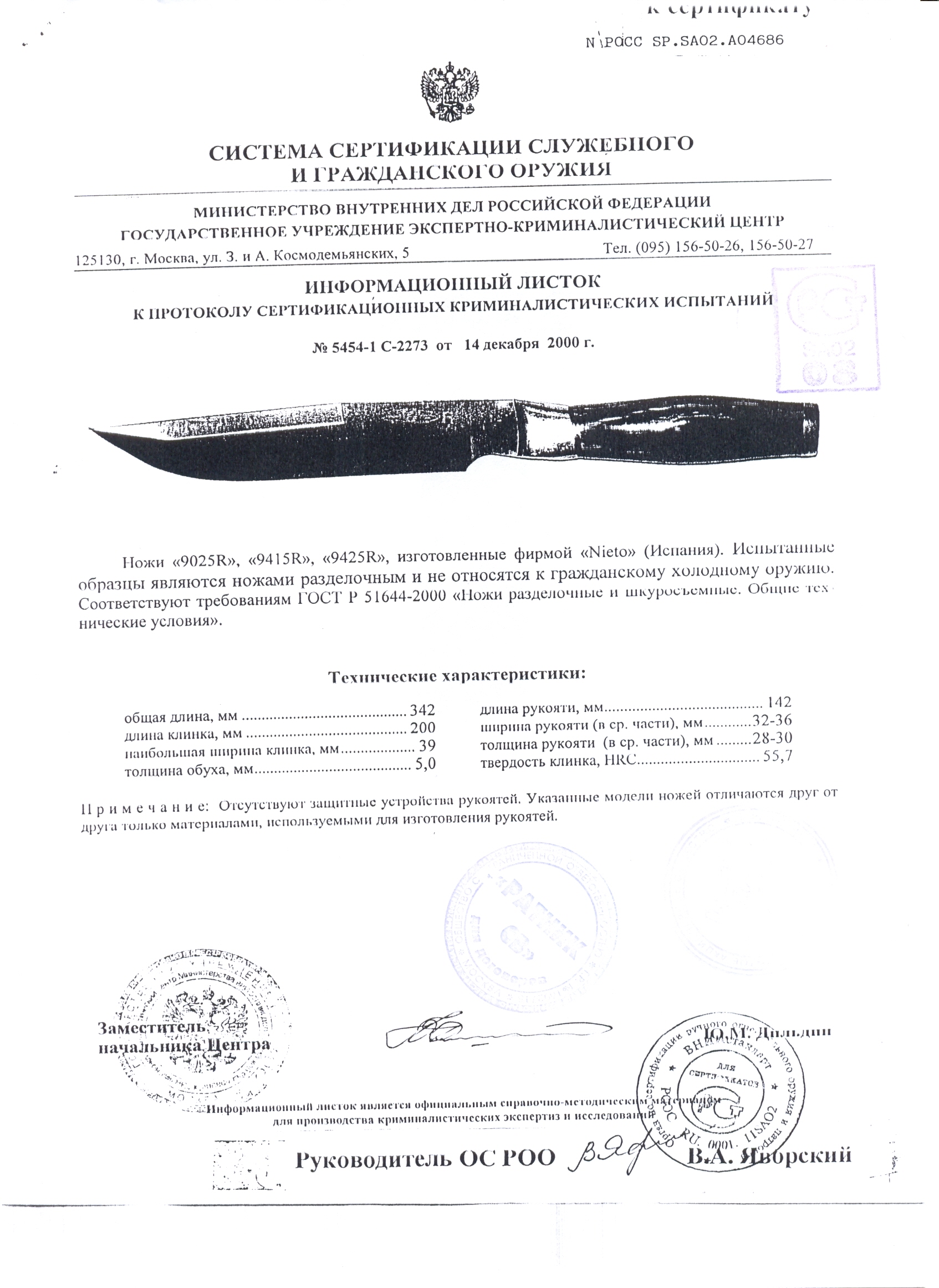 Ножи нескладные Nieto 9025R 9415R 9425R — скан документа