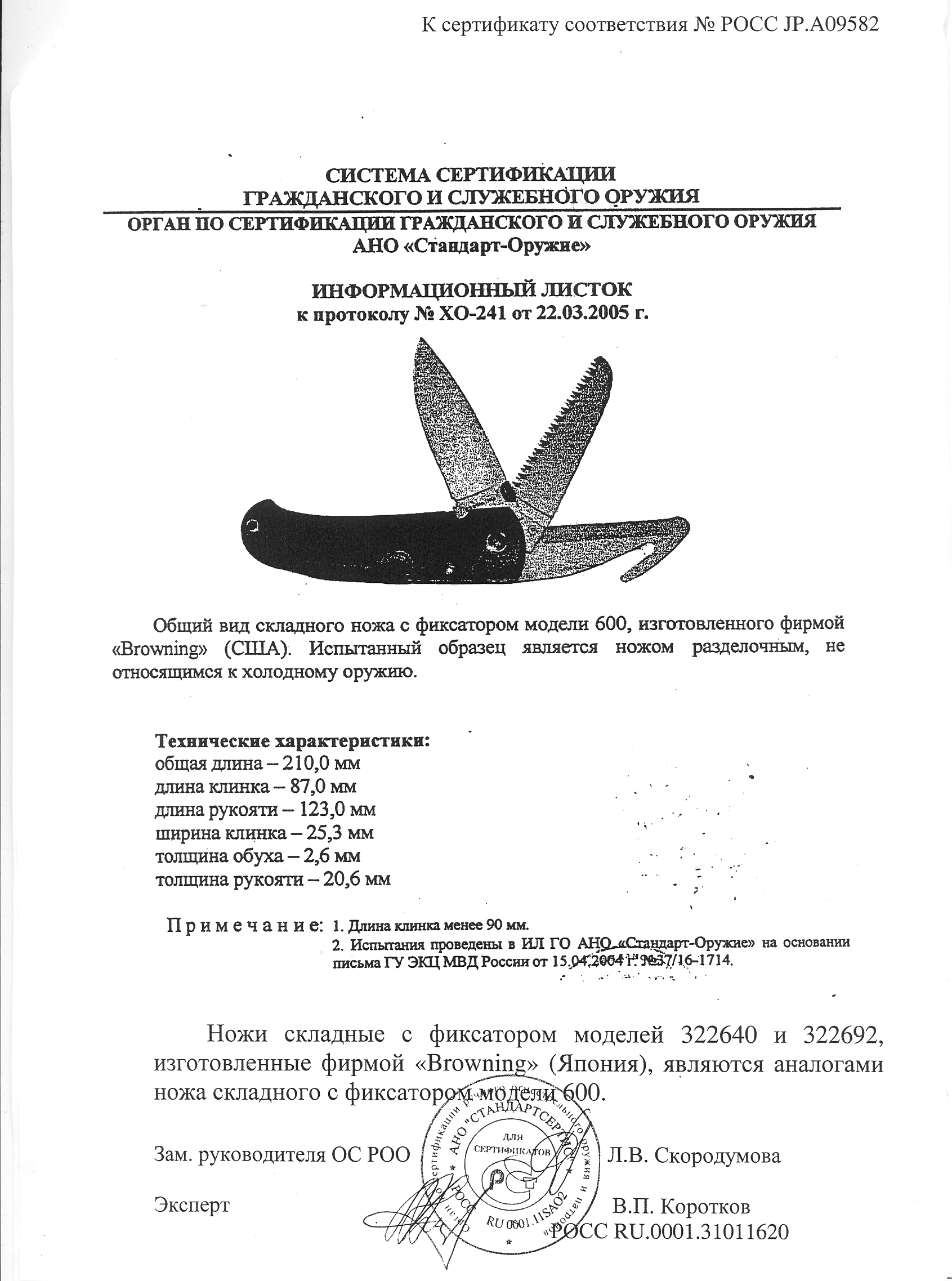 Нож складной с дополнительными предметами Browning 600 (322640, 322692) — скан документа
