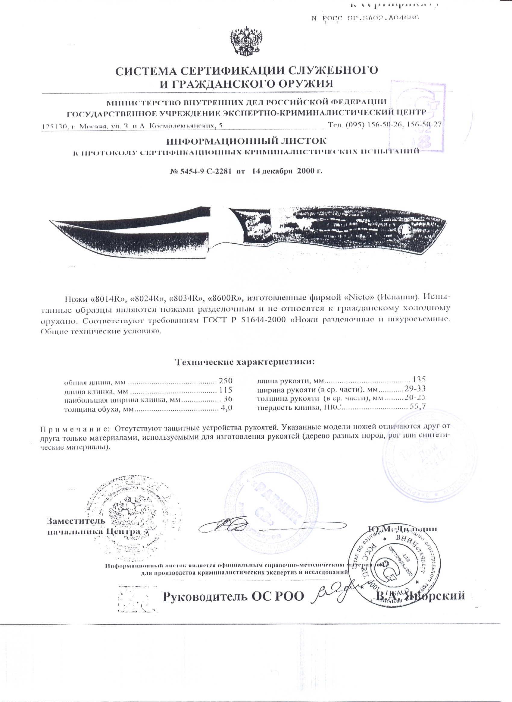 Ножи нескладные Nieto 8014R, 8024R, 8034R, 8600R — скан документа