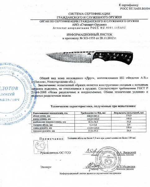 Нож нескладной Алексея Федотова «Друг» (ИП Федотов А.В.) — скан документа