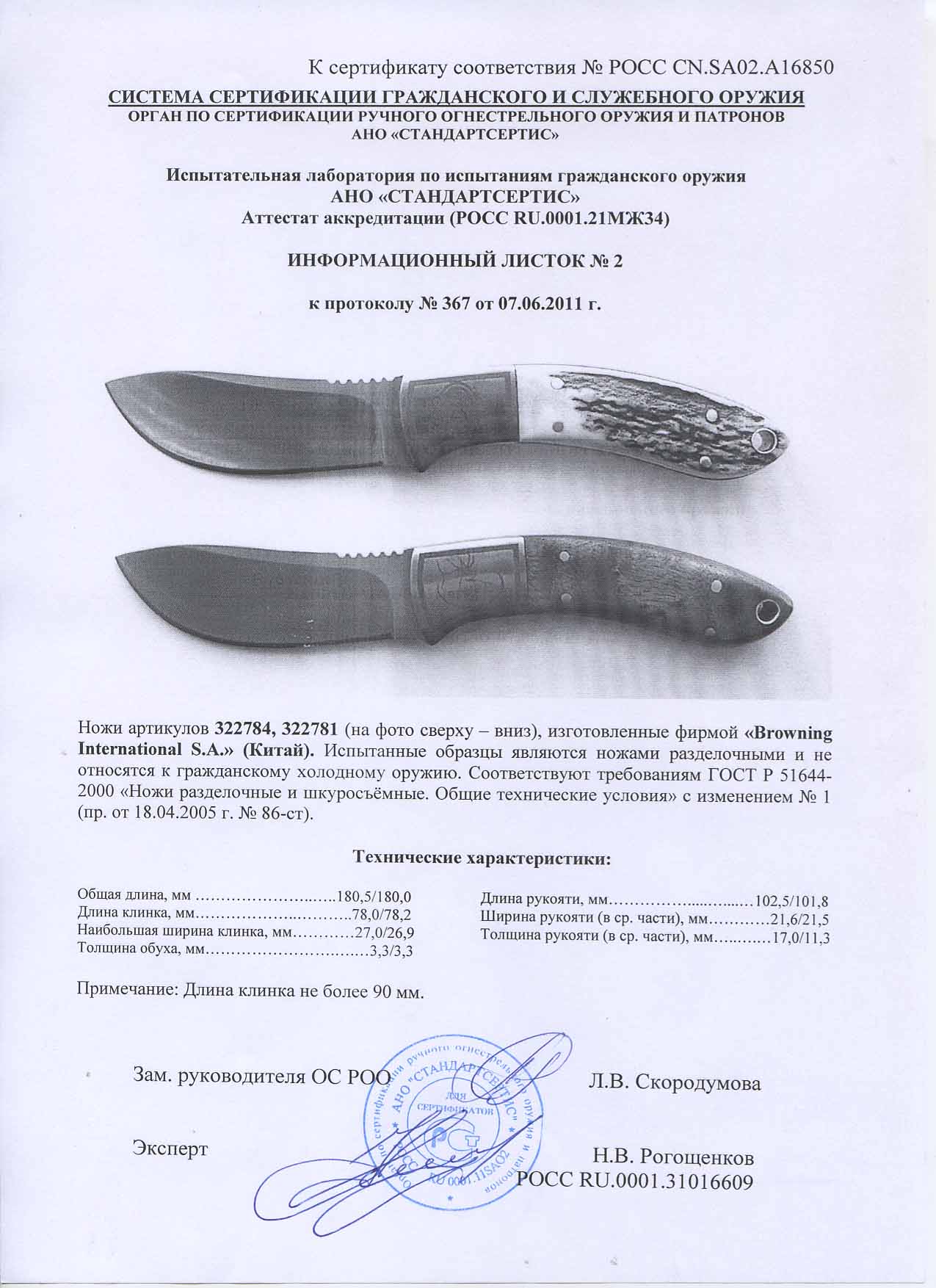 Ножи нескладные Browning 322784, 322781 — скан документа
