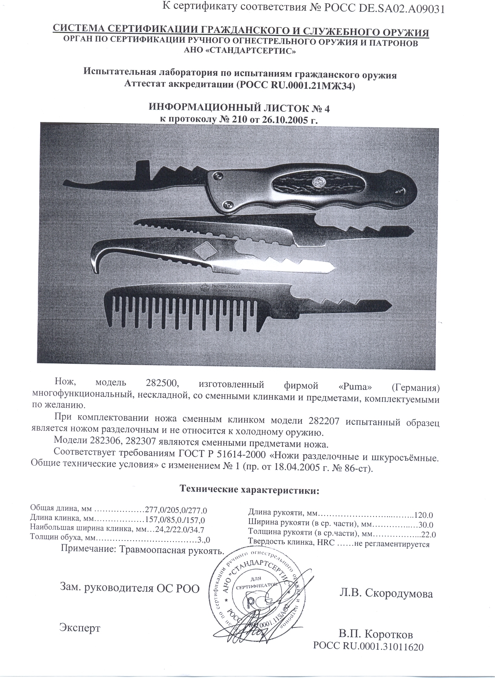 Нож со сменными клинками Puma 282500, 282207, 282306, 282307 — скан документа