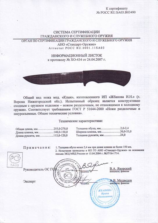 Нож нескладной Мастерской Жбанова «Клык» — скан документа