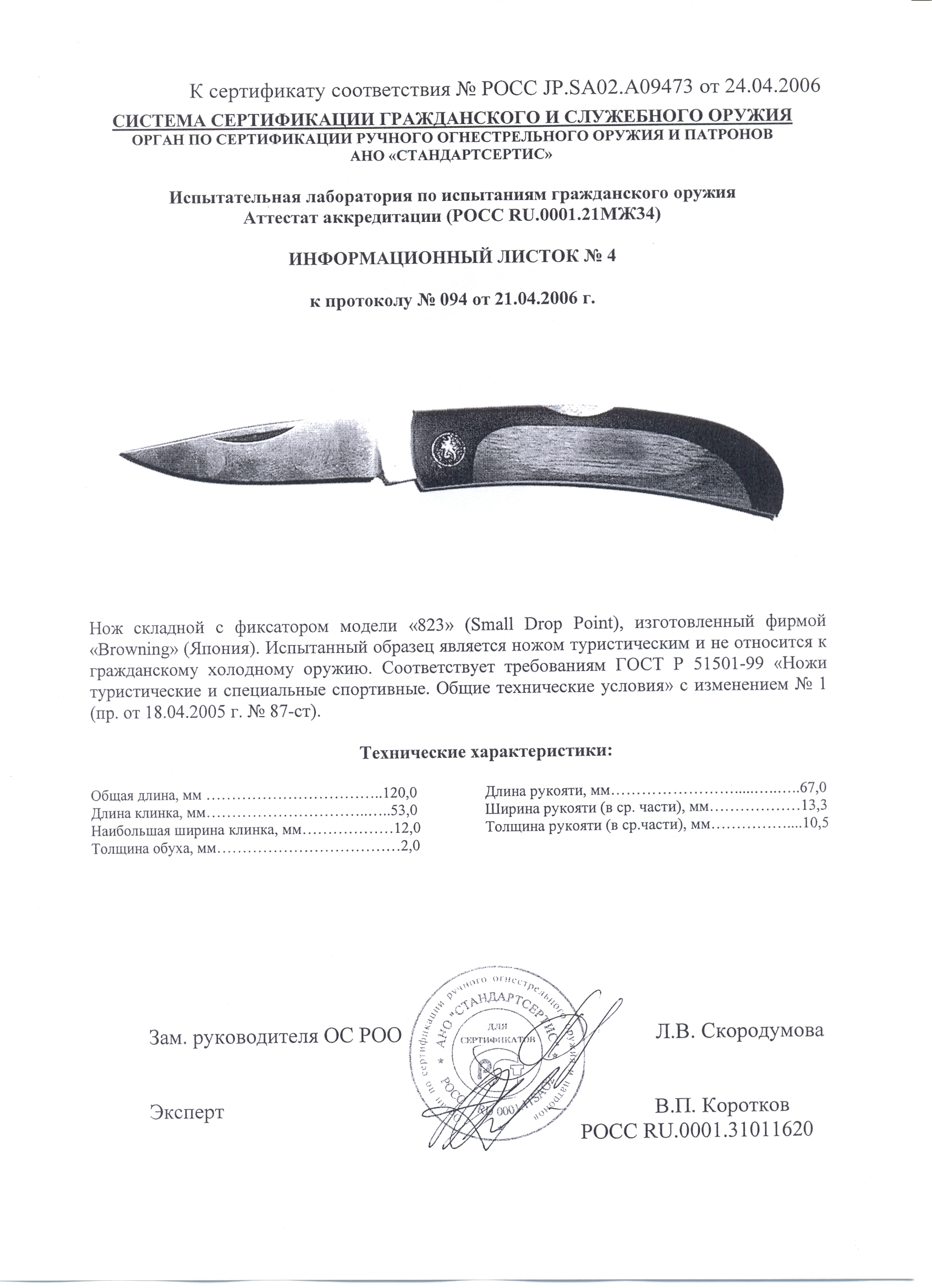 Нож складной с фиксатором Browning 823 — скан документа