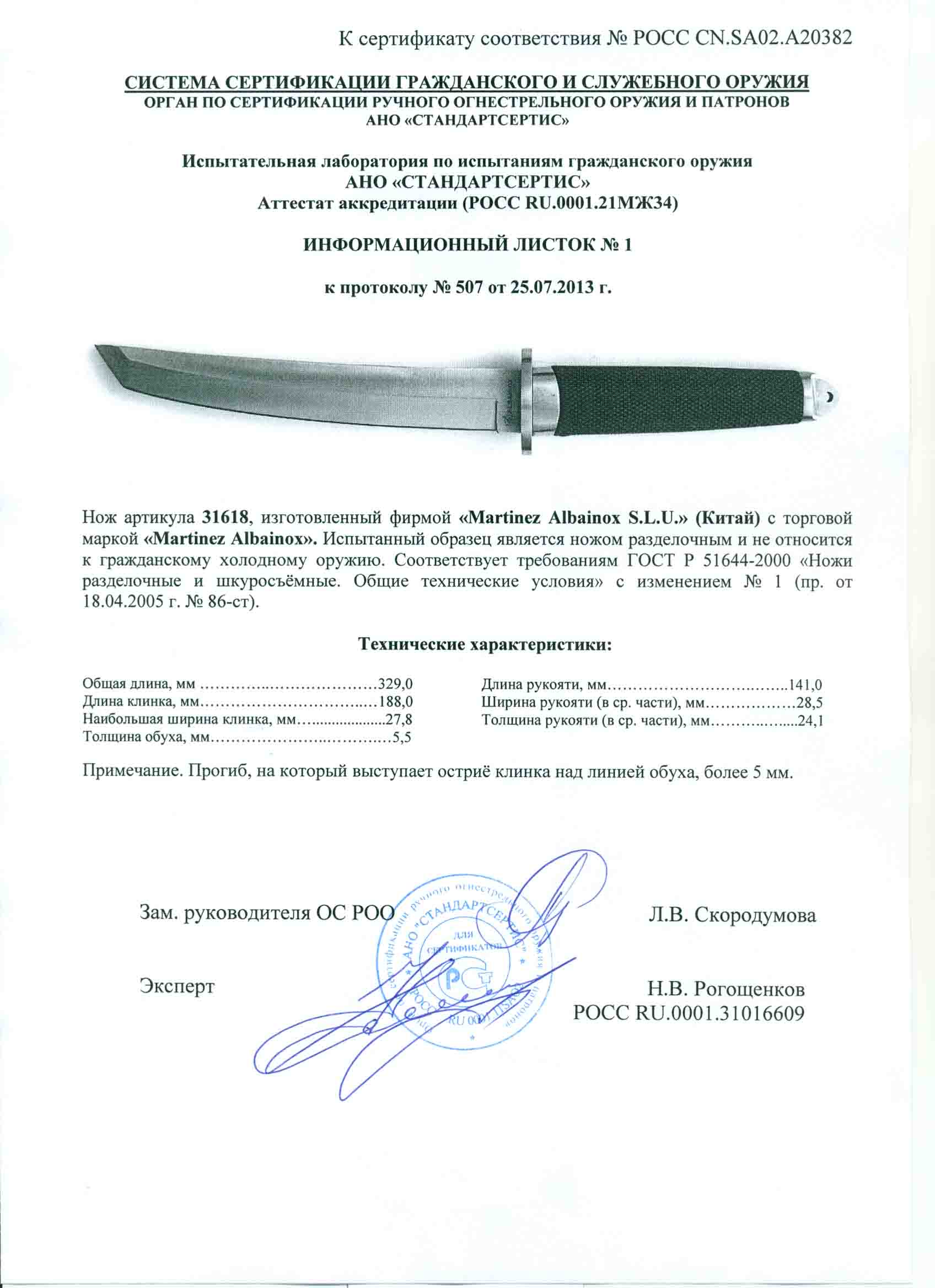Нож нескладной Martinez Albainox 31618 — скан документа