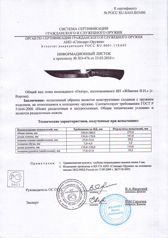 Нож нескладной Мастерской Жбанова «Осётр» — скан документа