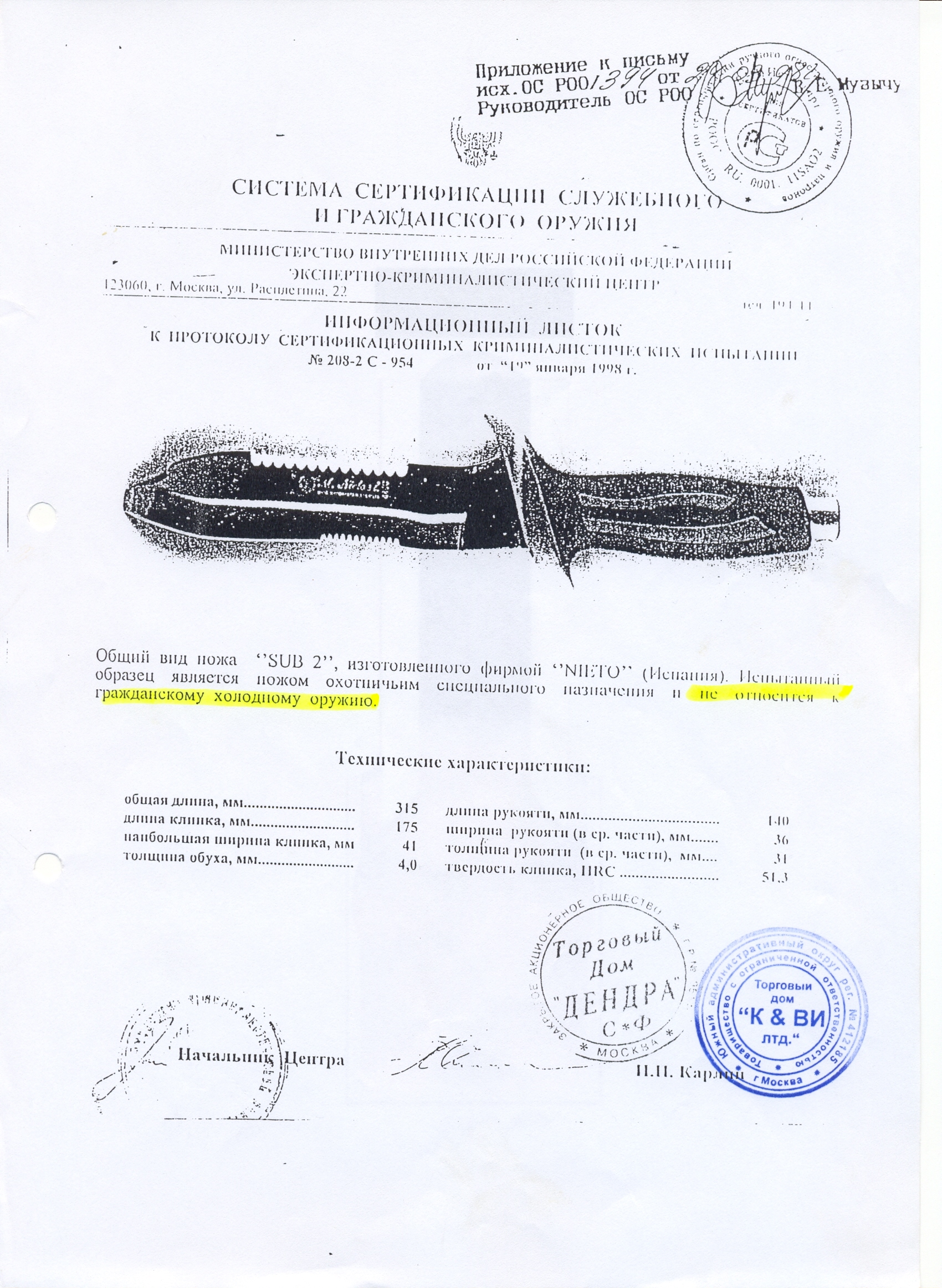 Нож нескладной Nieto SUB 2 — скан документа