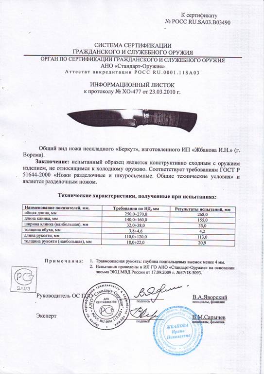 Нож нескладной Мастерской Жбанова «Беркут» — скан документа
