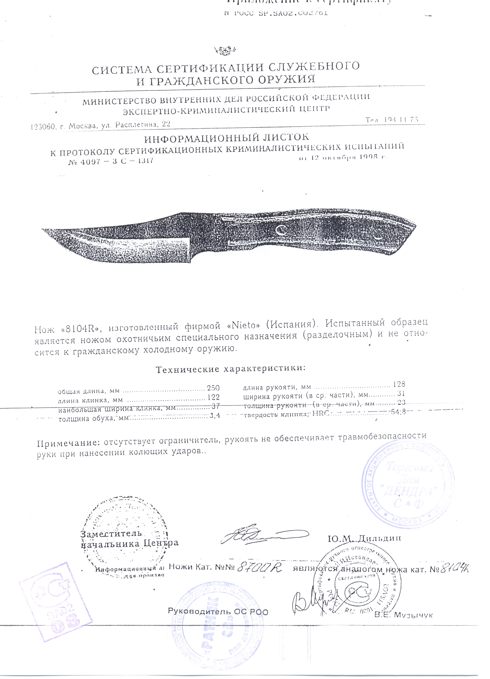 Нож нескладной Nieto 8104R — скан документа