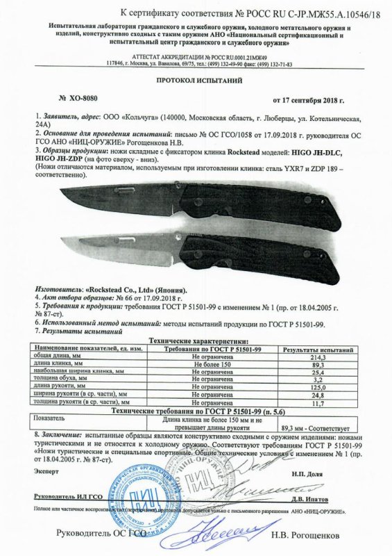 Ножи складные с фиксатором Rockstead HIGO JH-ZDP и HIGO JH-DLC — скан документа