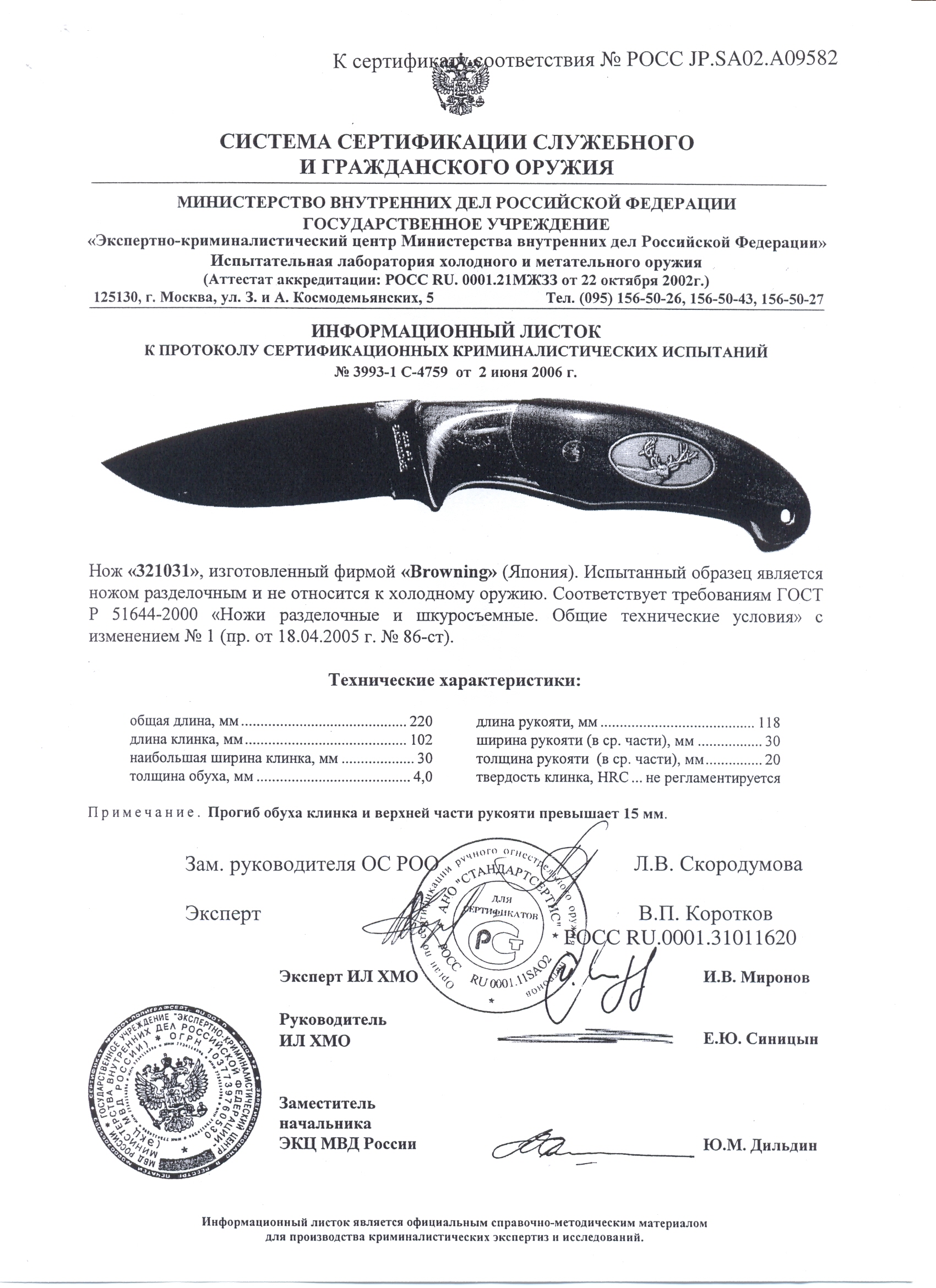 Нож Browning 321031 — скан документа