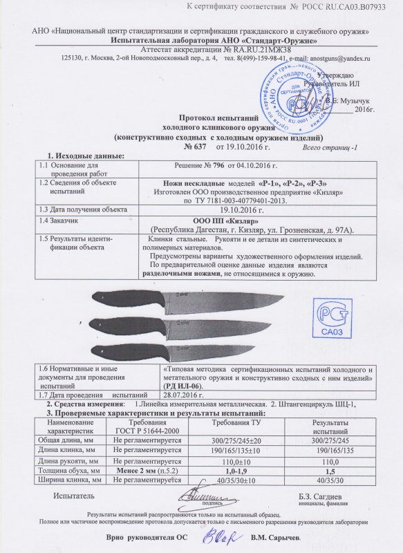 Ножи нескладные ООО ПП Кизляр в наборе «Тройка» (Р-1, Р-2, Р-3) — скан документа