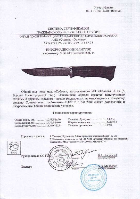 Нож нескладной Мастерской Жбанова «Соболь» — скан документа
