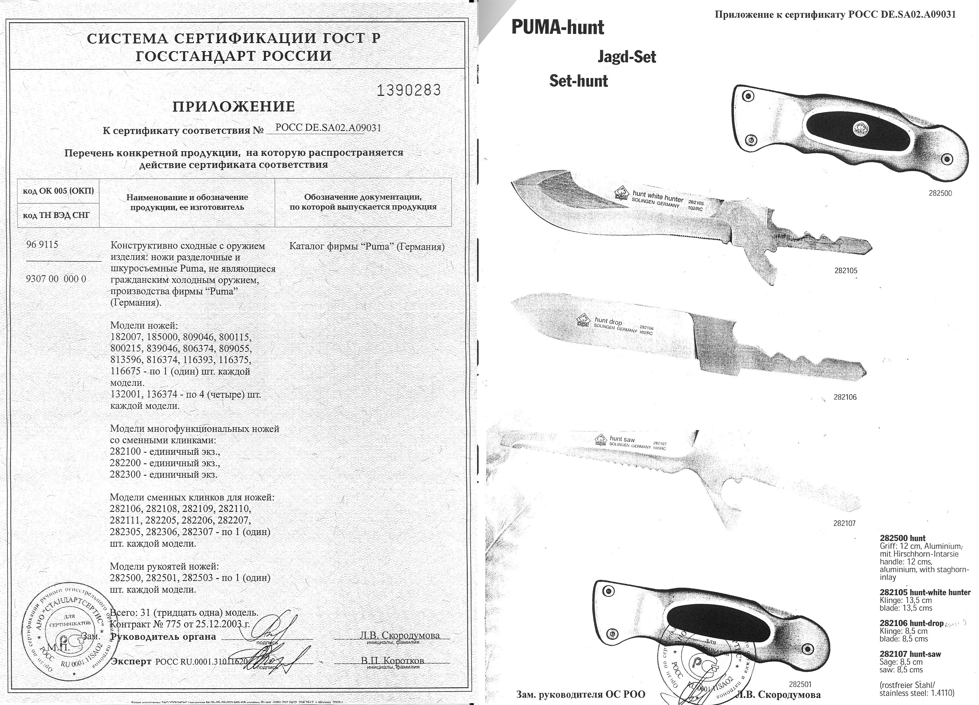 Puma 282503, 282305, 282306, 282307 — приложение к сертификату — скан документа