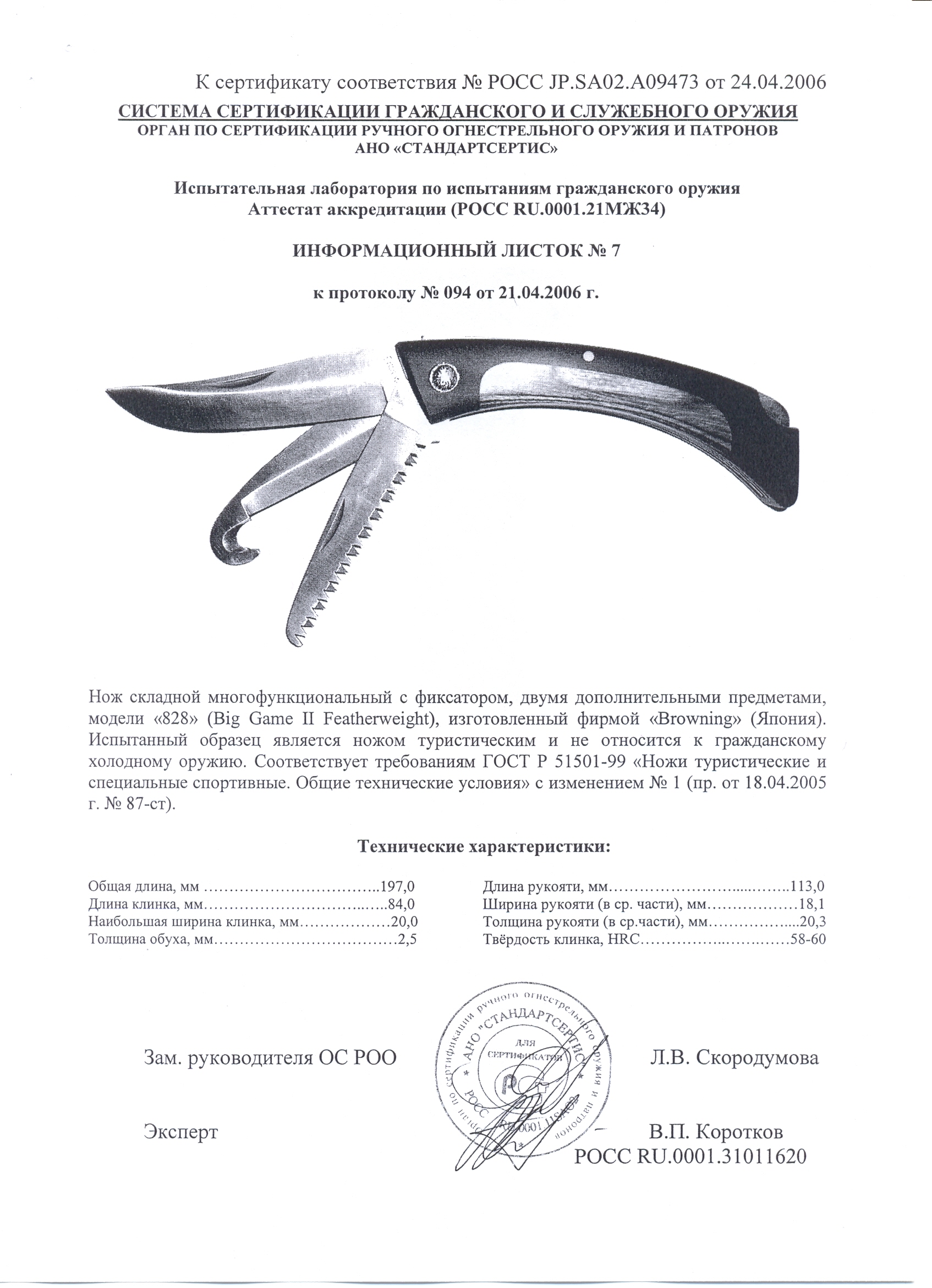 Нож складной с дополнительными предметами Browning 828 — скан документа