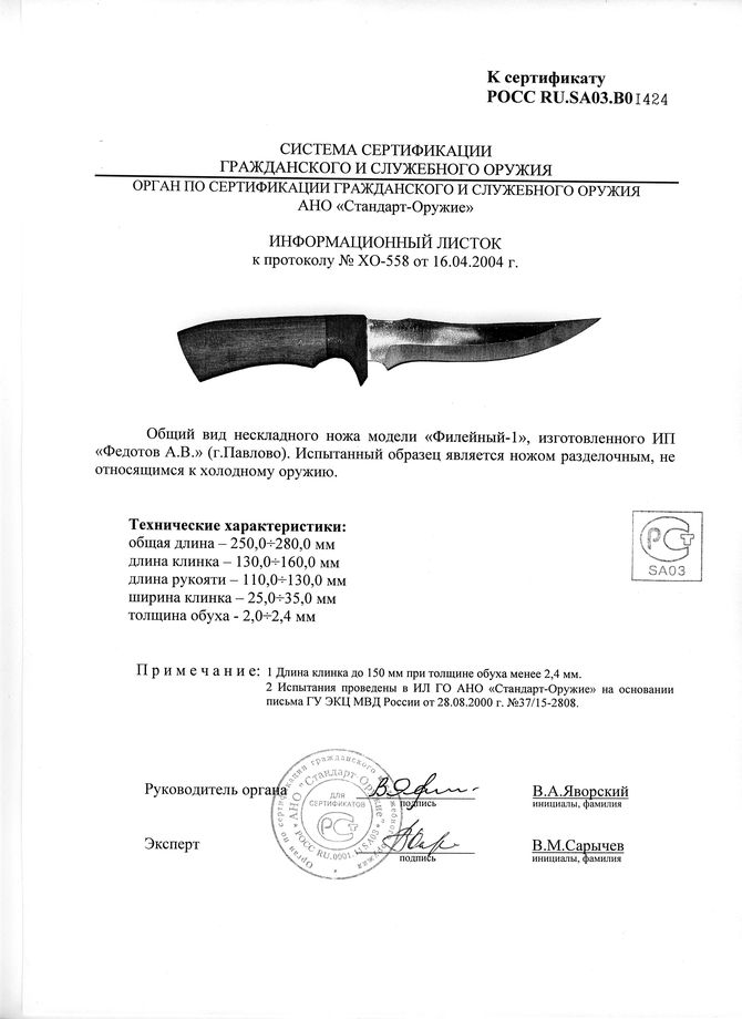 Нож нескладной Алексея Федотова «Филейный-1» (ИП Федотов А.В.) — скан документа