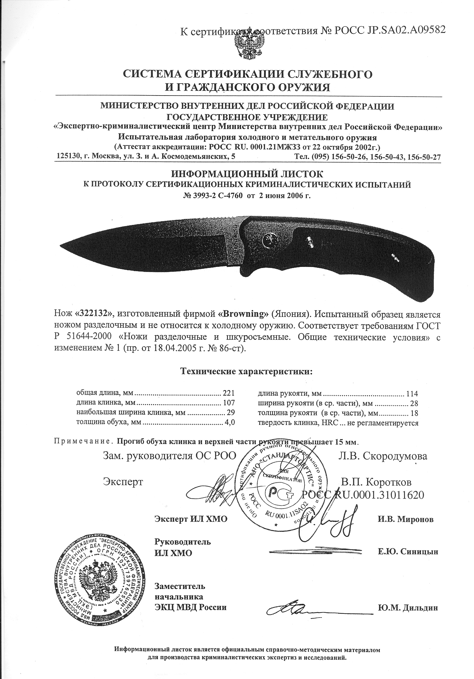 Нож нескладной Browning 322132 — скан документа
