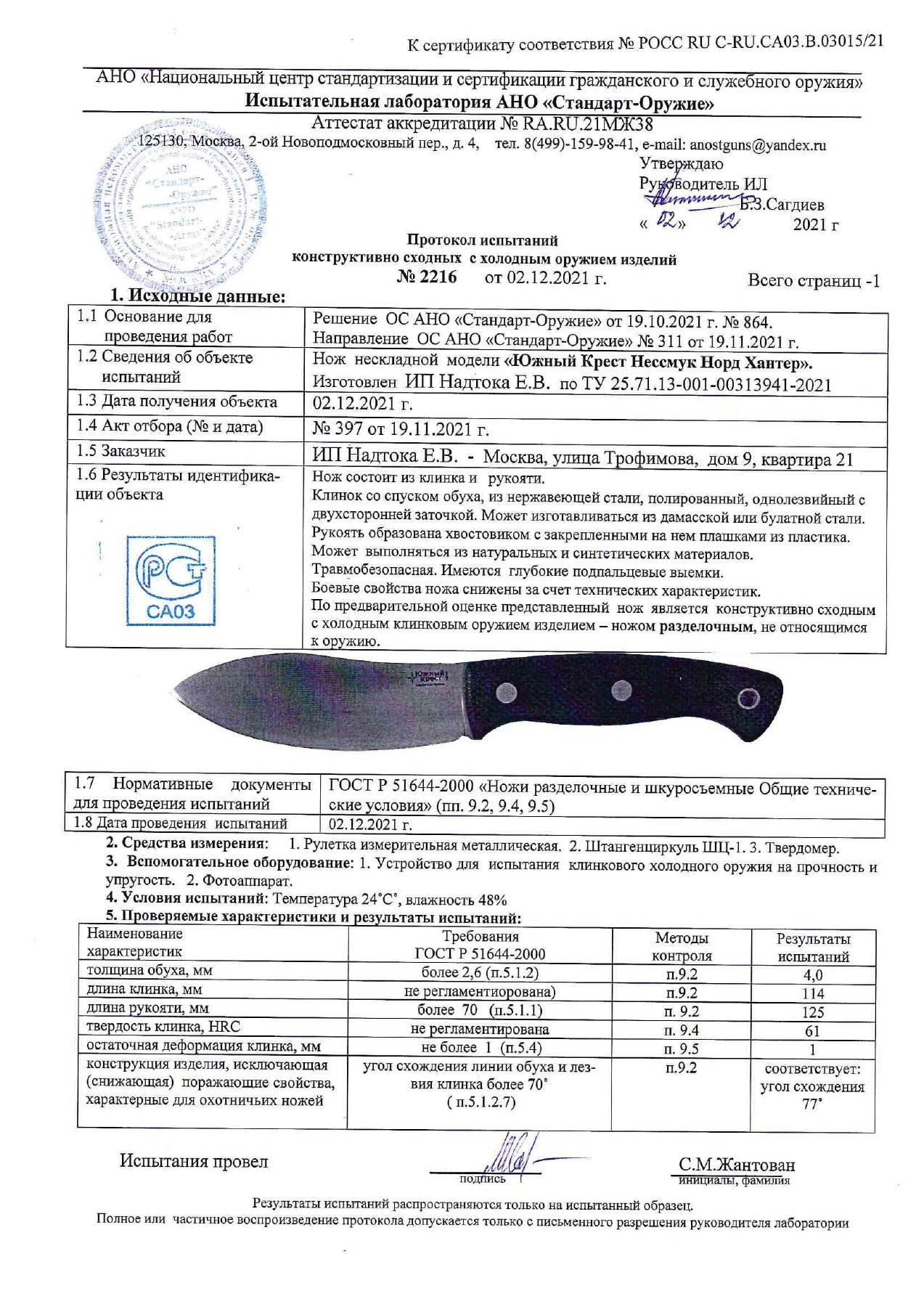 Протокол испытаний № 2216 от 02.12.2021 — страница 1