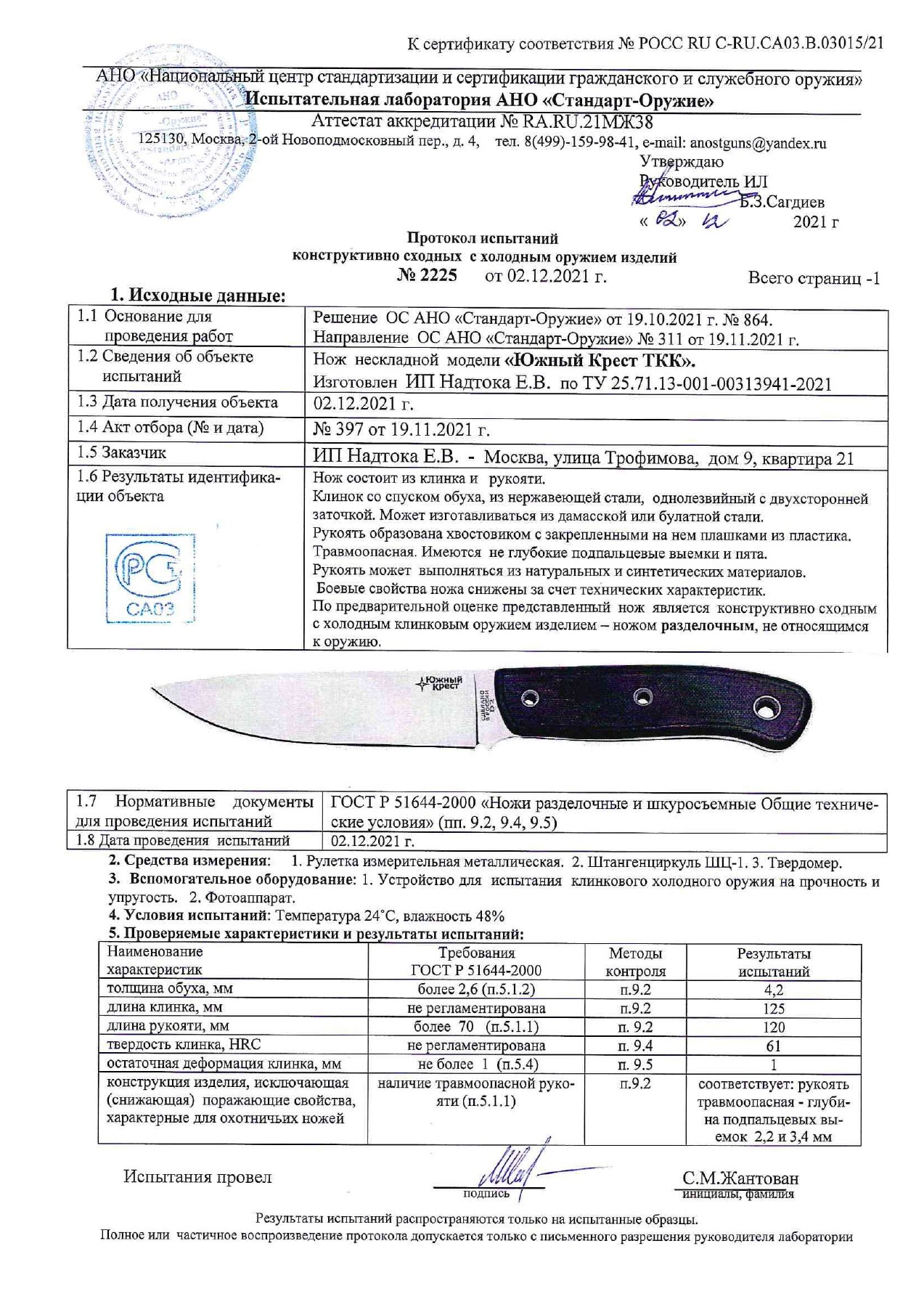 Протокол испытаний № 2225 от 02.12.2021 — страница 1