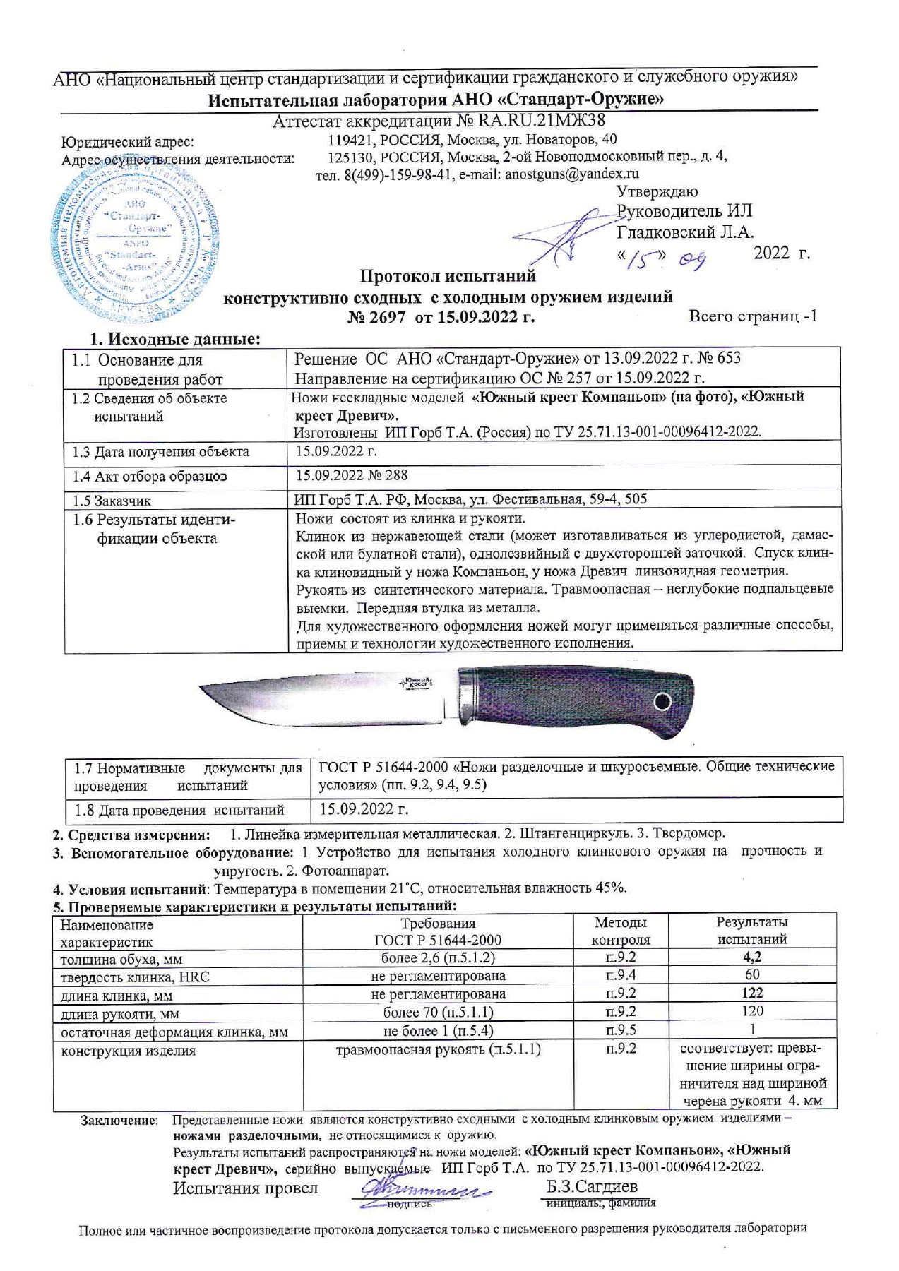 Протокол испытаний № 2697 от 15.09.2022 — страница 1