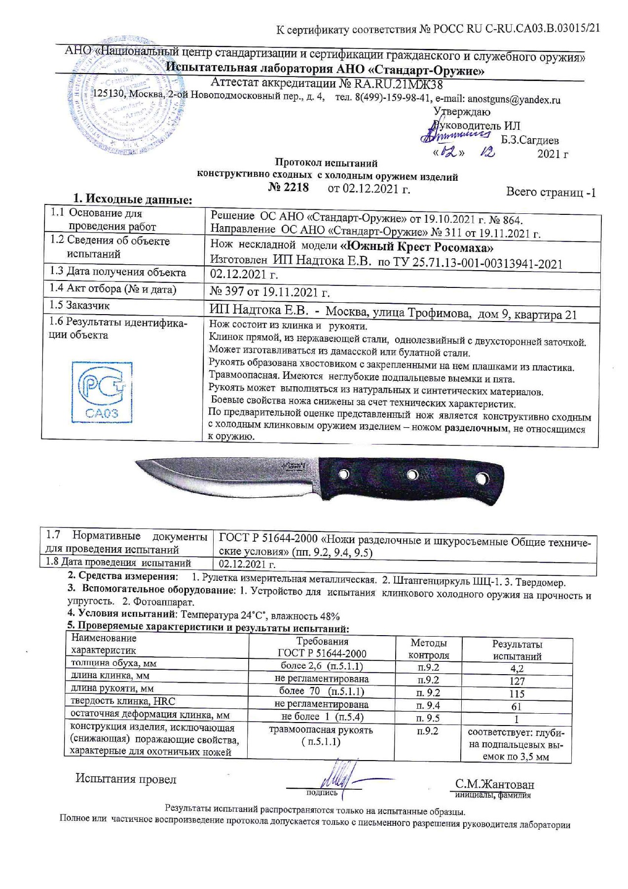 Протокол испытаний № 2218 от 02.12.2021 — страница 1