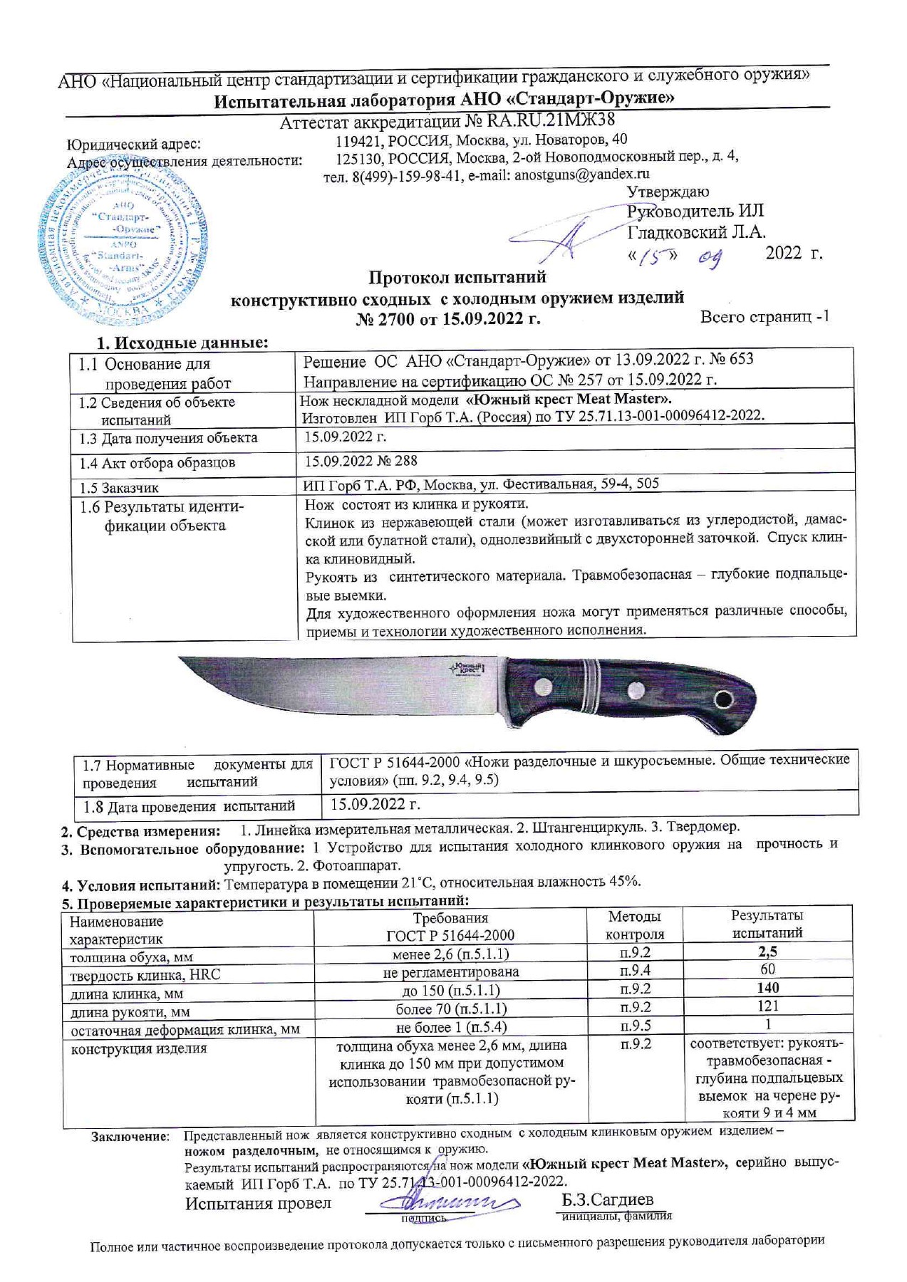 Протокол испытаний № 2700 от 15.09.2022 — страница 1
