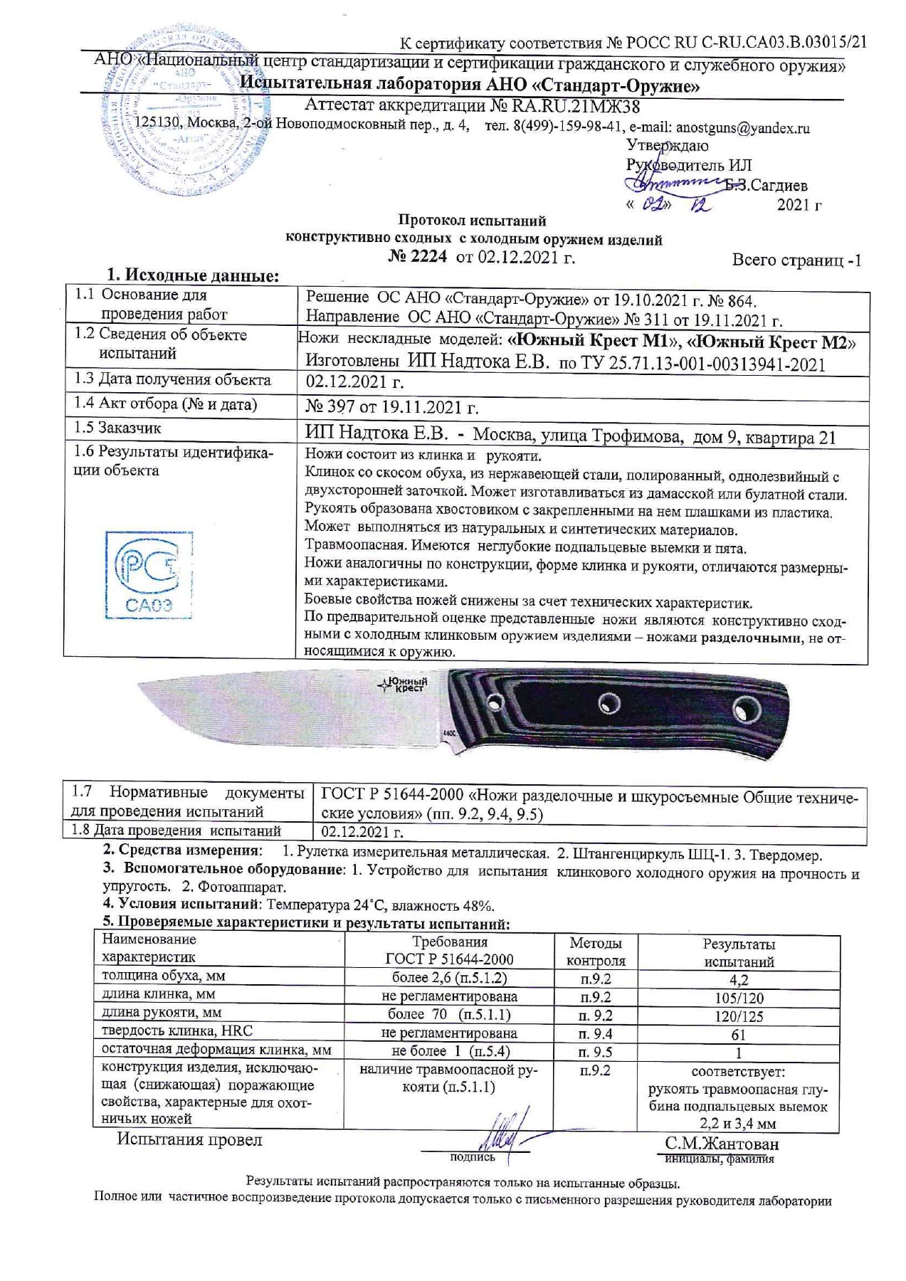 Протокол испытаний № 2224 от 02.12.2021 — страница 1