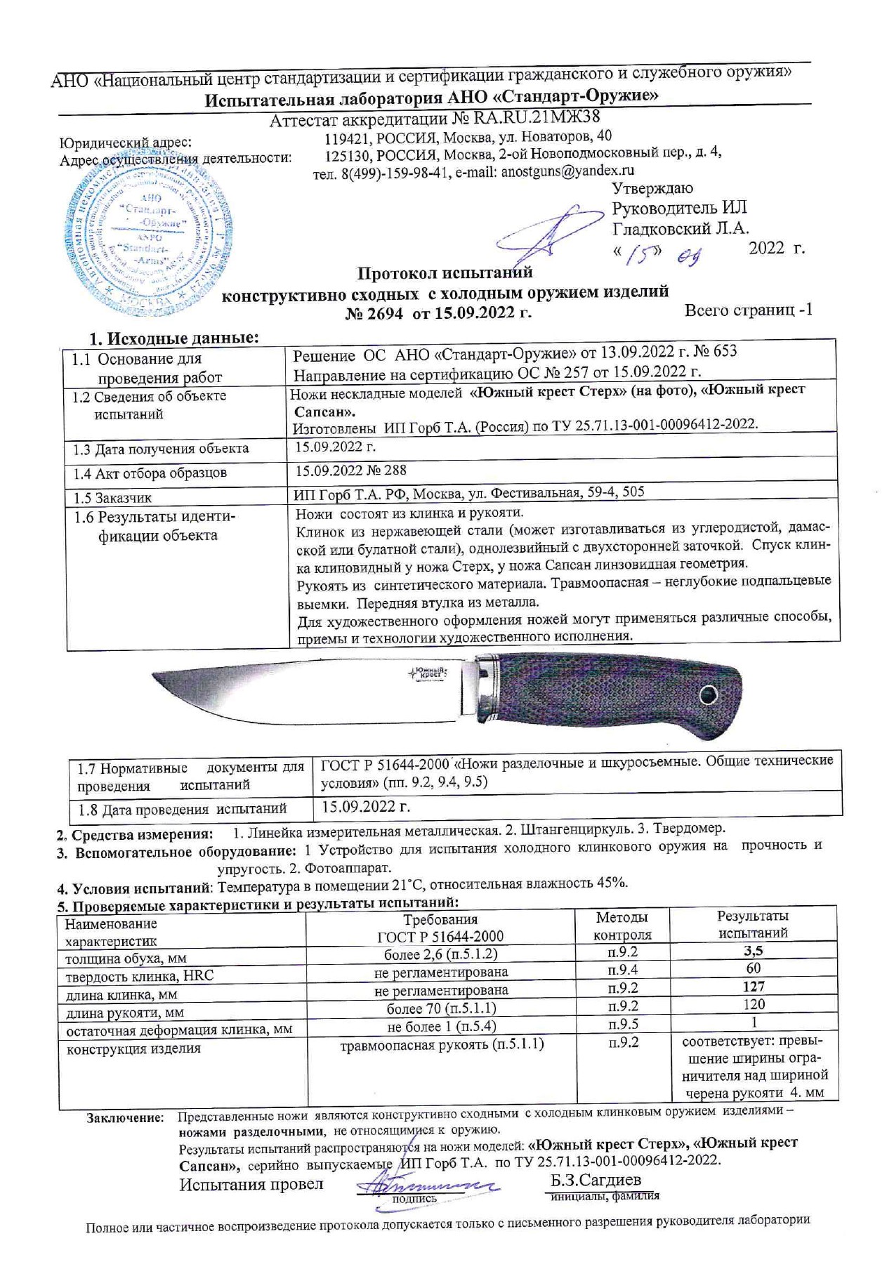 Протокол испытаний № 2694 от 15.09.2022 — страница 1