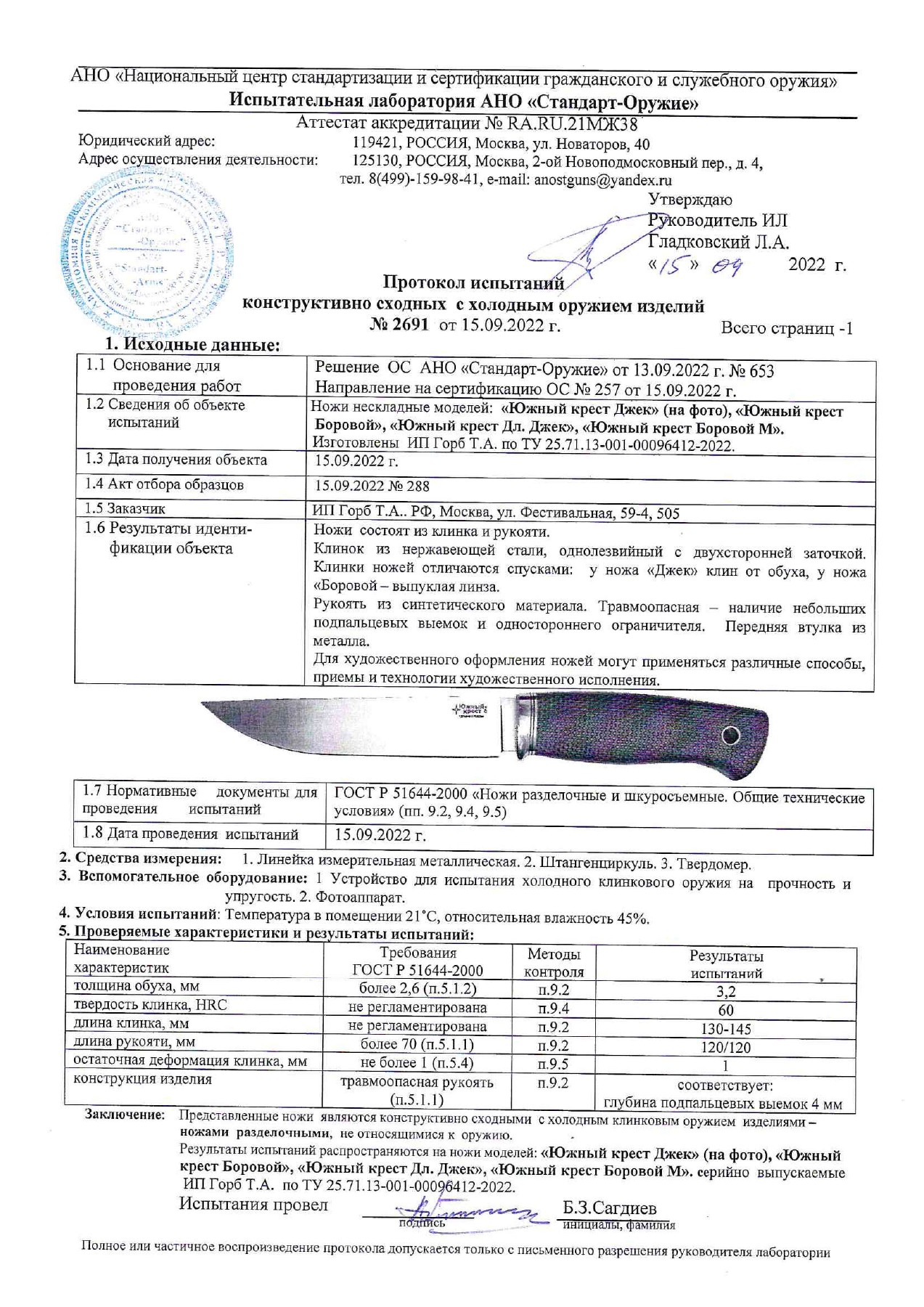 Протокол испытаний № 2691 от 15.09.2022 — страница 1