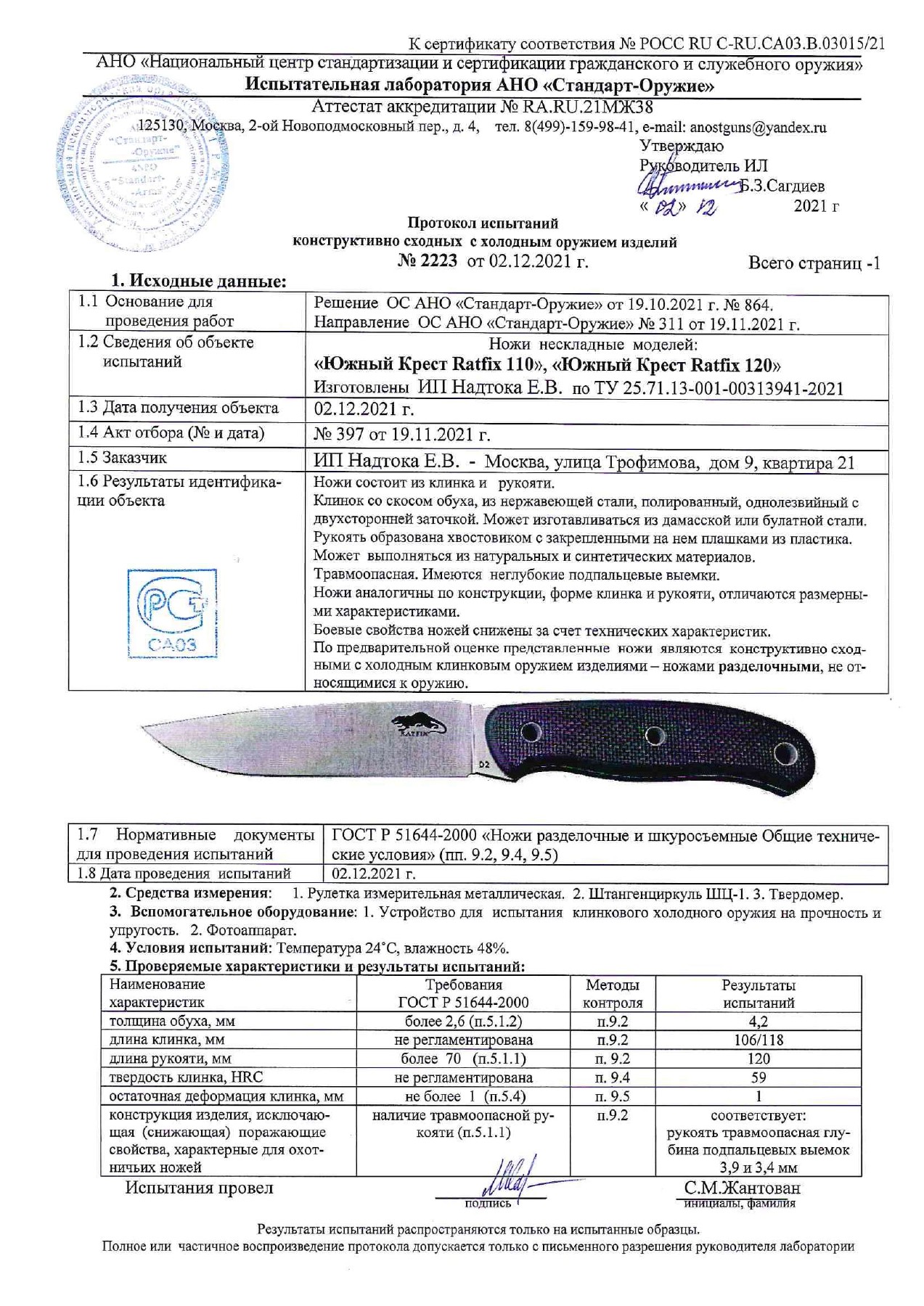 Протокол испытаний № 2223 от 02.12.2021 — страница 1