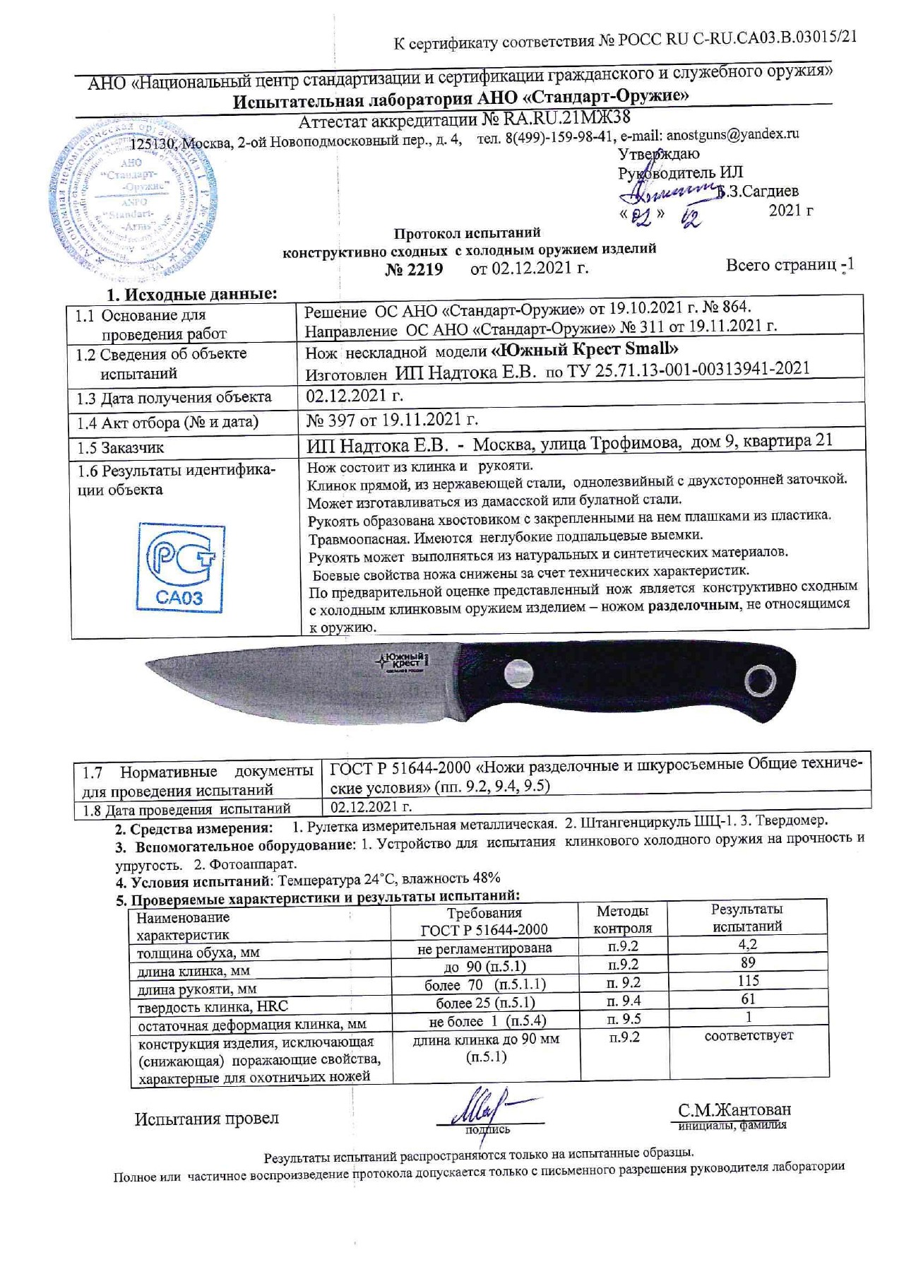 Протокол испытаний № 2219 от 02.12.2021 — страница 1