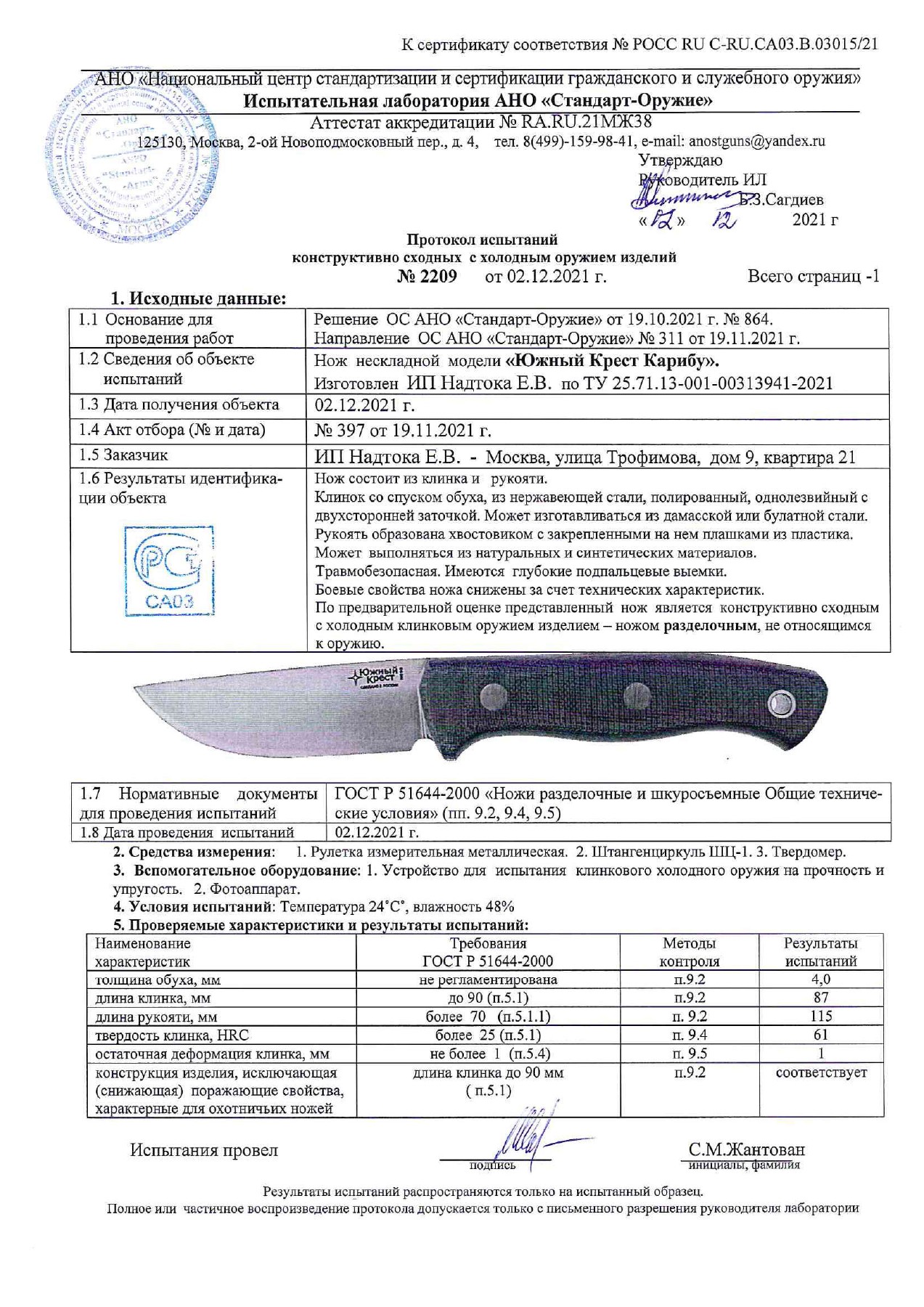 Протокол испытаний № 2209 от 02.12.2021 — страница 1