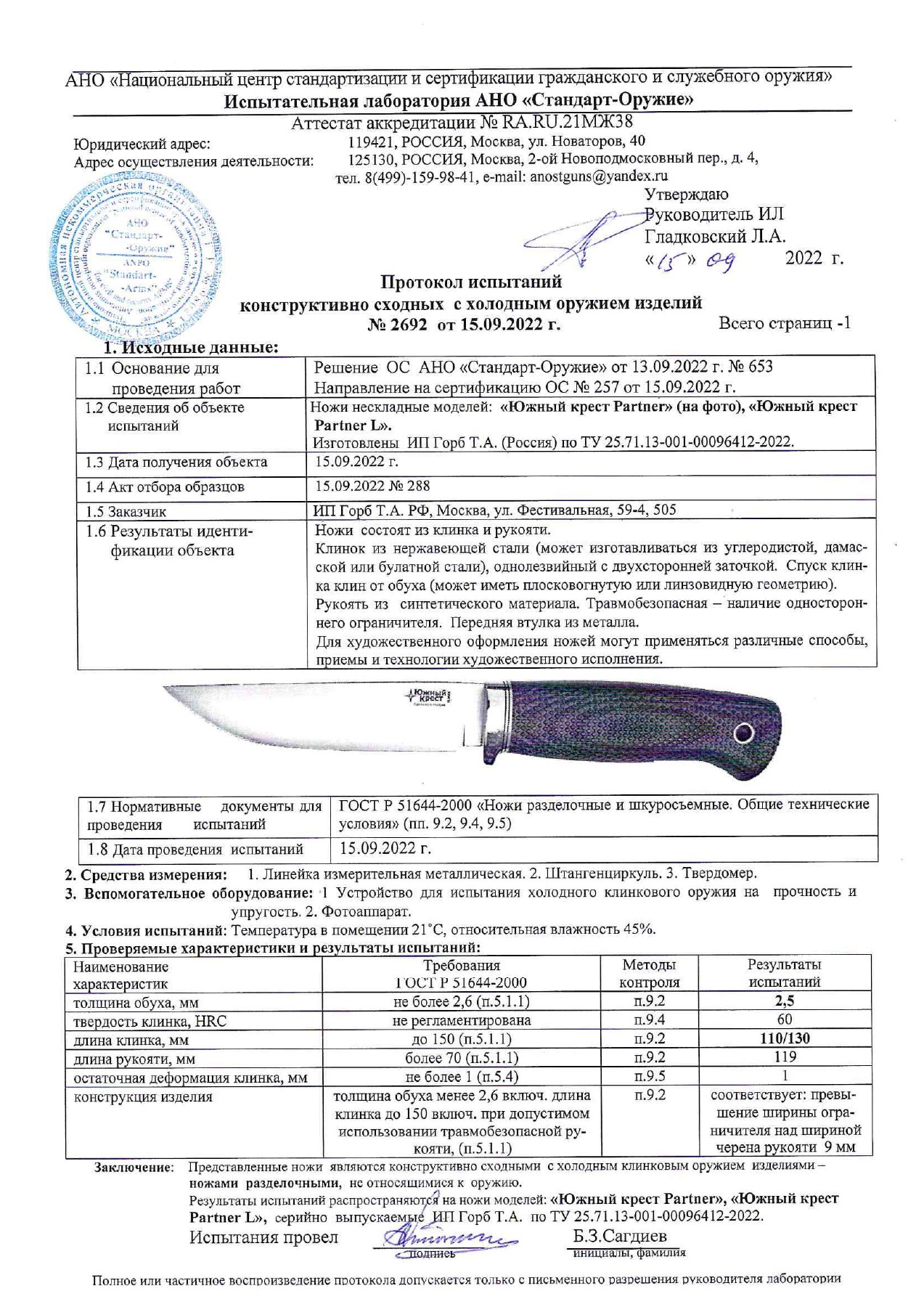Протокол испытаний № 2692 от 15.09.2022 — страница 1