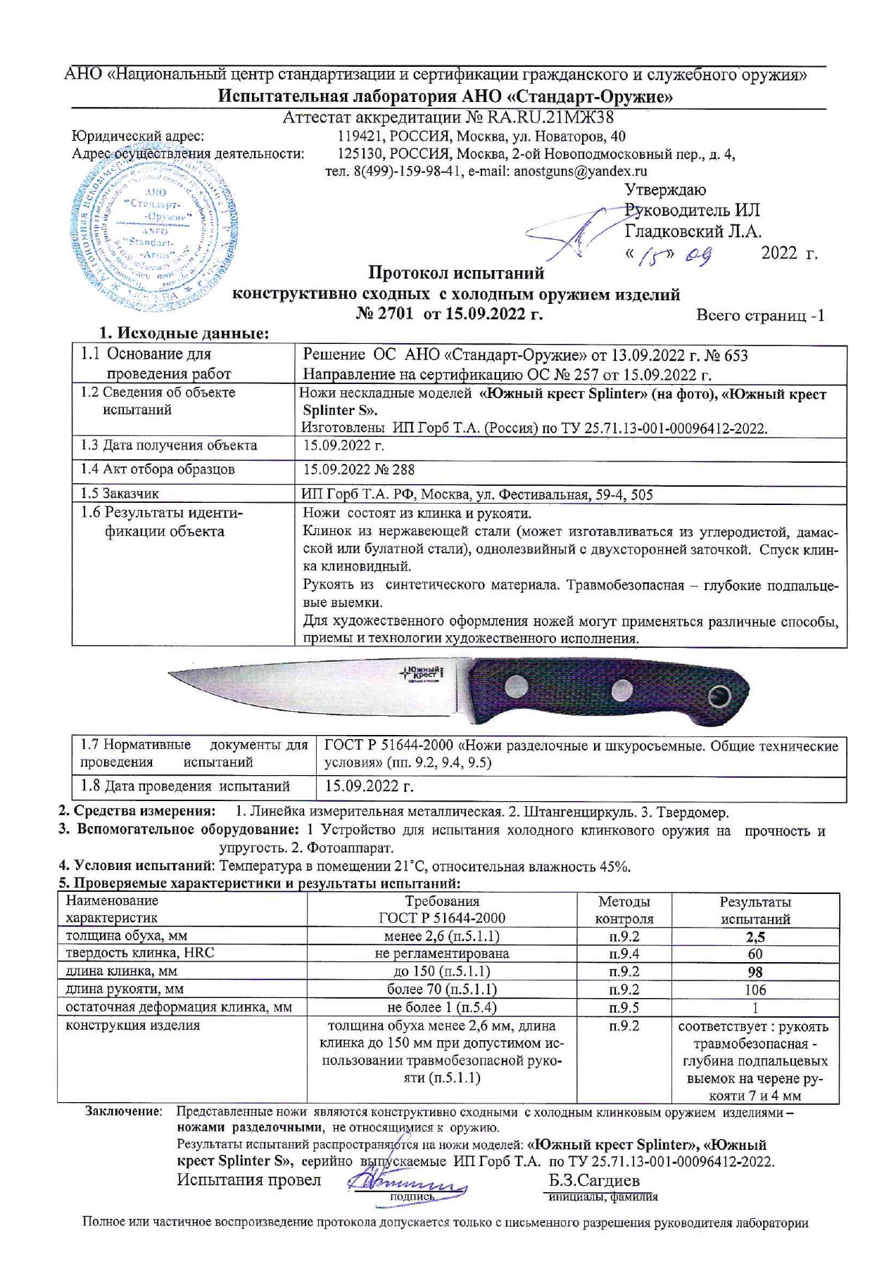 Протокол испытаний № 2701 от 15.09.2022 — страница 1