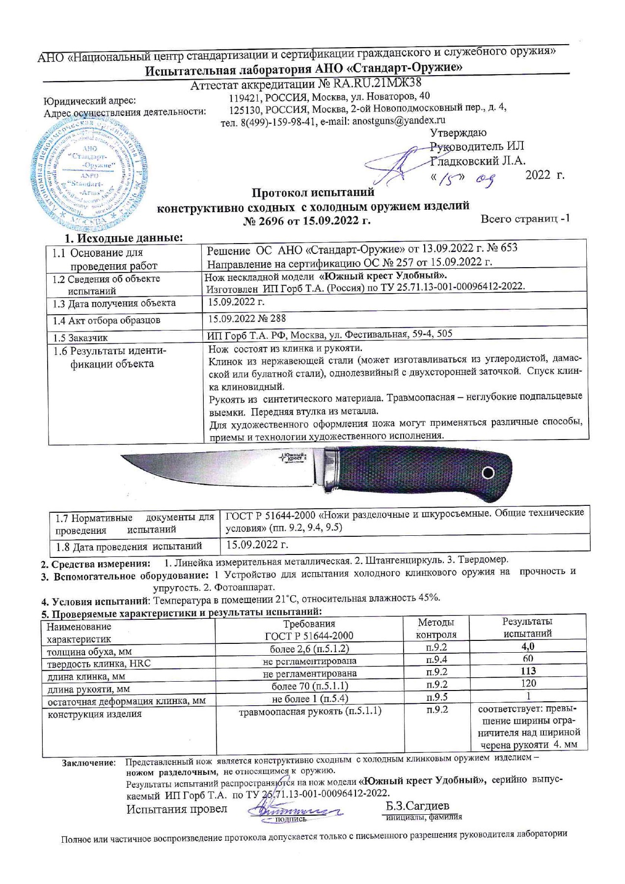 Протокол испытаний № 2696 от 15.09.2022 — страница 1