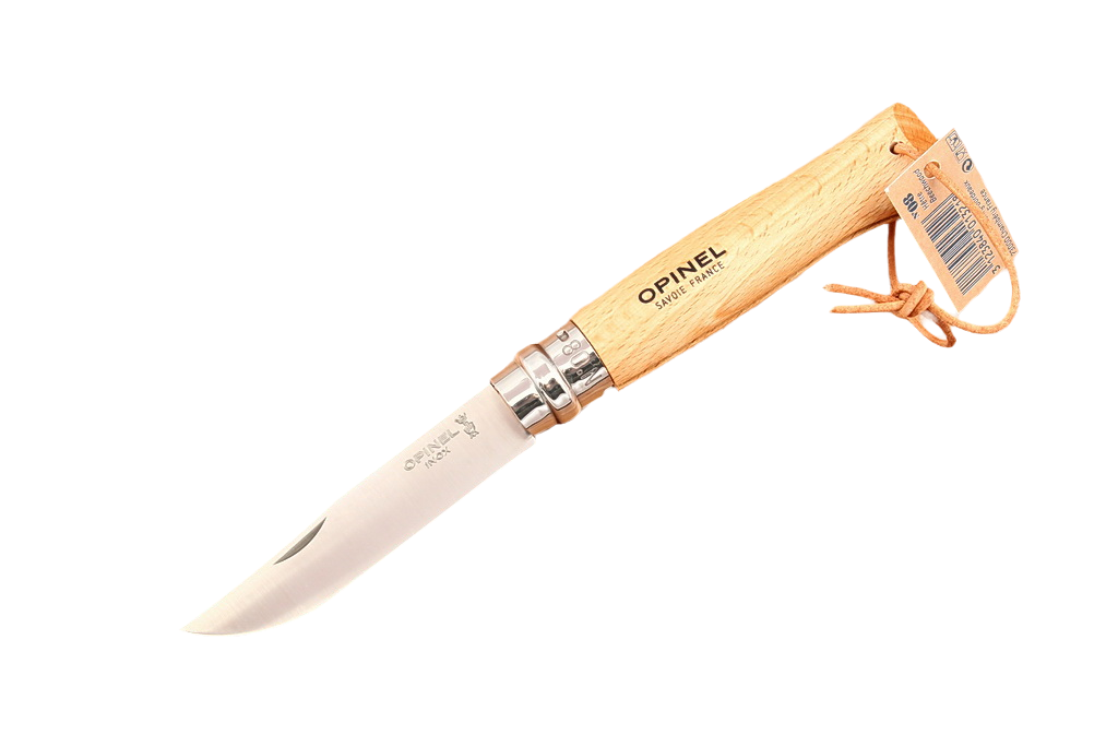 Opinel №8 с кожаным темляком — нож в открытом виде с темляком и биркой