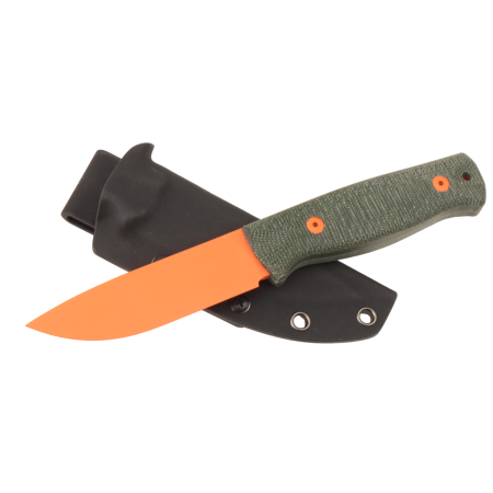 Нож HOT Knife Hoot, Cerakote Orange, D2, Micarta Green Handle, Kydex, (Orange Pins)