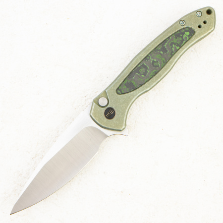 Нож WE Knife Button Lock Kitefin, CPM 20CV, Carbon Fiber / Green Titanium Handle
