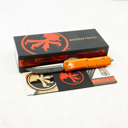 Нож Microtech UTX-85 Tanto, Serrated, Stonewash, M390, Aluminum Orange, 233-12 OR Нож Microtech UTX-85 Tanto, Serrated, Stonewash, M390, Aluminum Orange, 233-12 OR