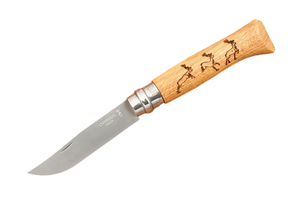 Opinel №8 Animalia, гравировка «Олени» — нож в открытом виде