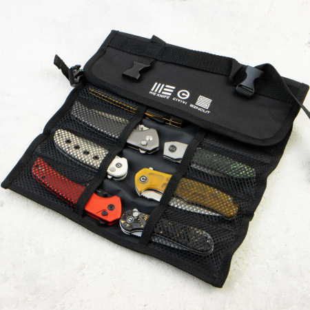 WE Knife Roll для 10 складных ножей — удобный и компактный подсумок от WE Knife, предназначенный для хранения и безопасной транспортировки коллекции EDC‑ножей.  Изготовлен из прочного нейлона чёрного цвета, что делает его лёгким и устойчивым к износу. Раз