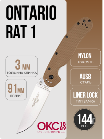 Нож Ontario Rat 1, AUS-8, Satin, Brown Nylon, 8848CB